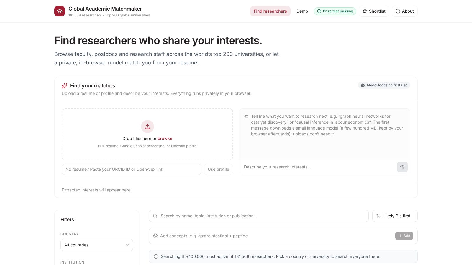 The Academic Matchmaker home page